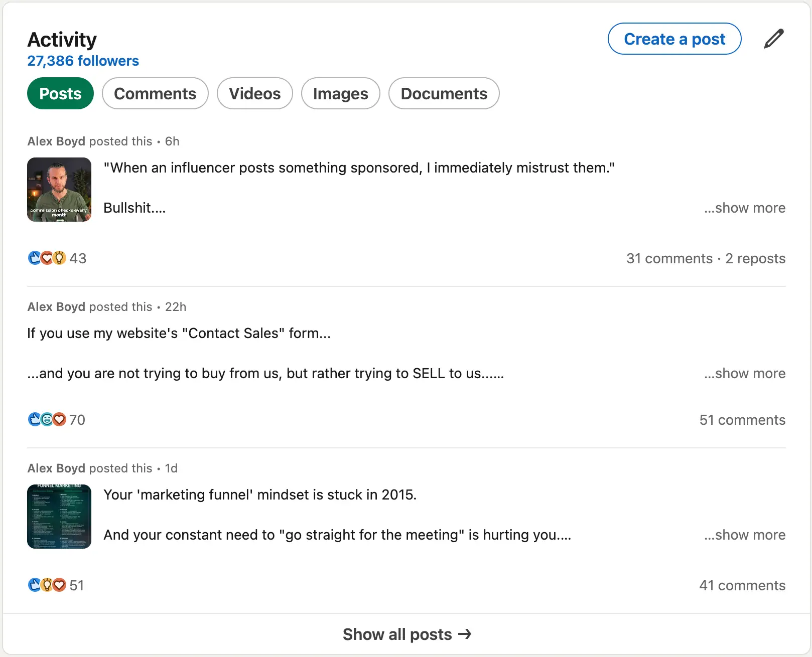The LinkedIn Profile Activity section showing post activity