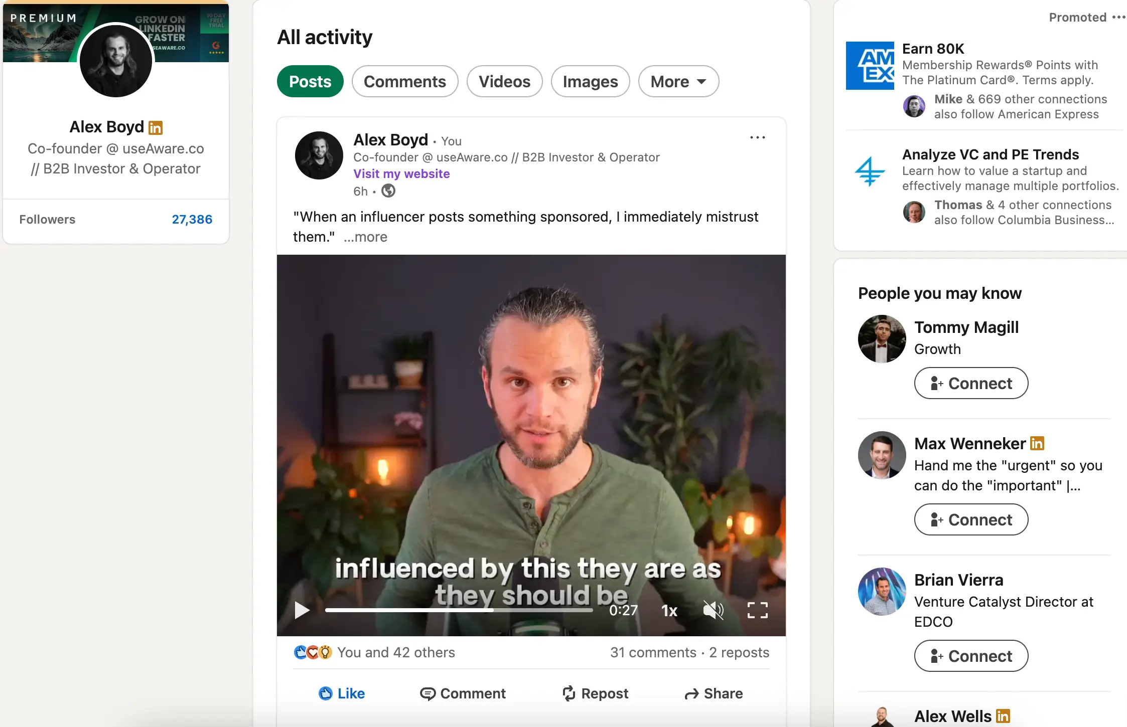 The LinkedIn post activity drilldown showing individual post stats