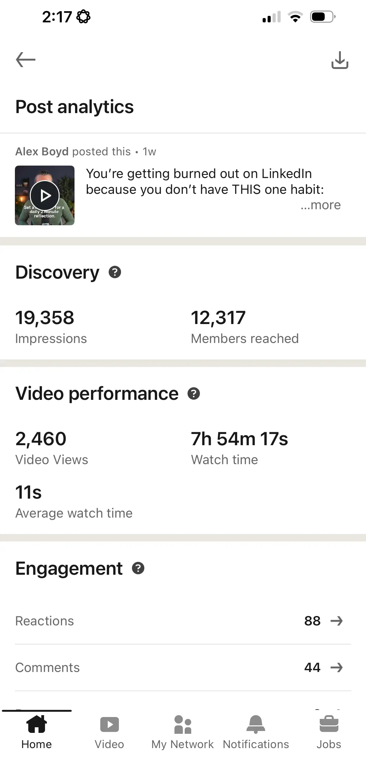 LinkedIn mobile post analytics showing detailed impressions and engagement breakdown