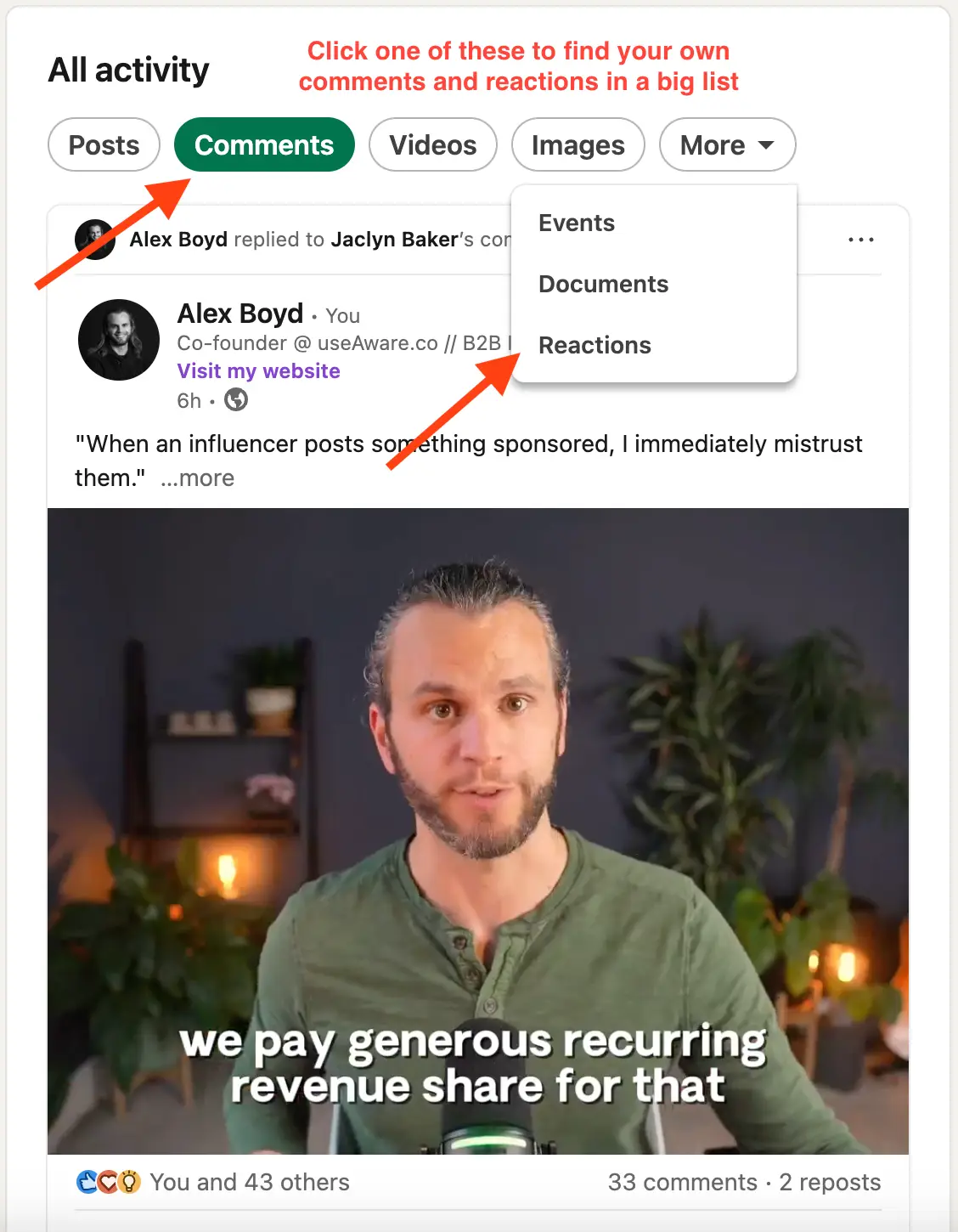 How to find your own post reactions and comments in the LinkedIn Activity section