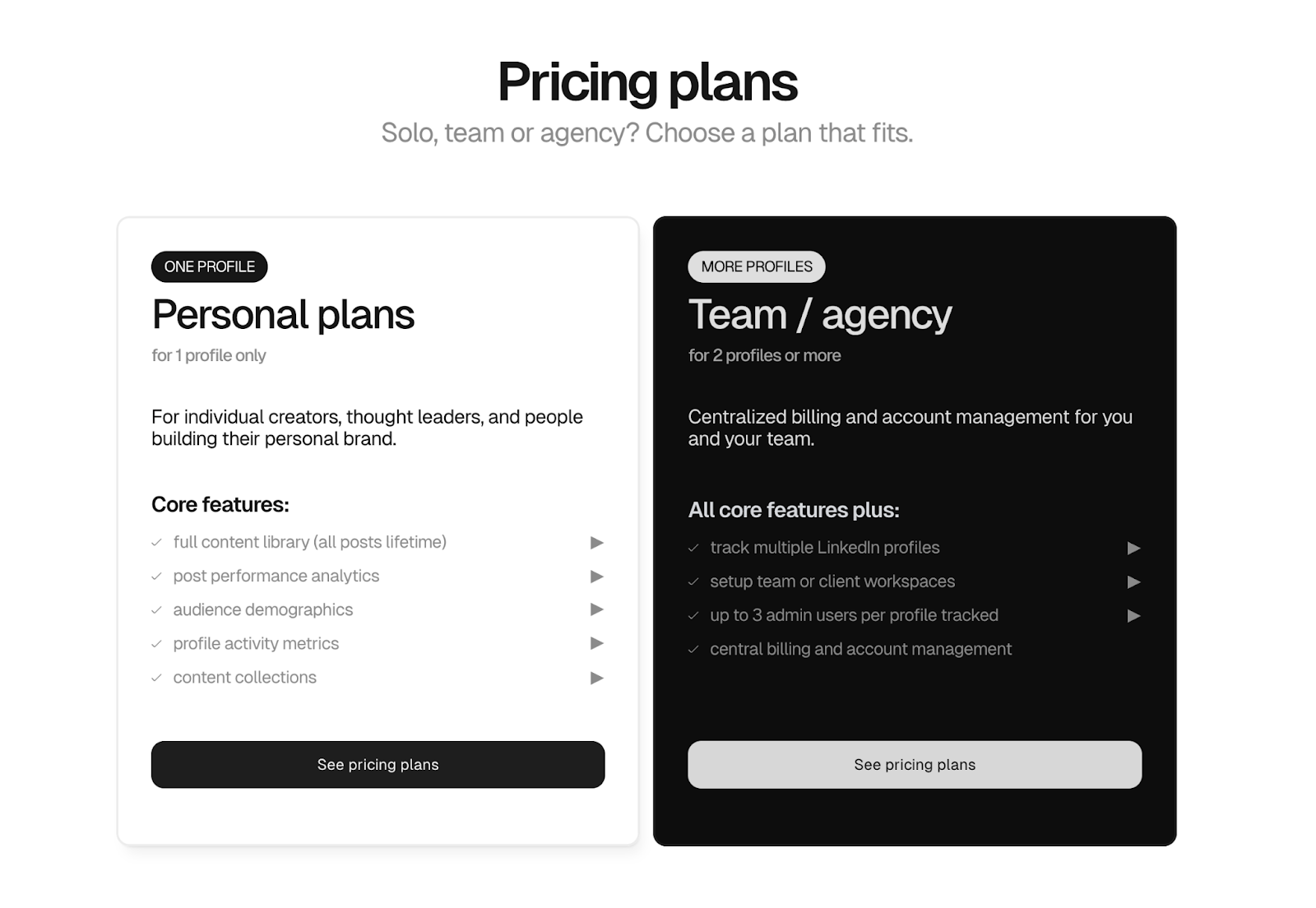 Shield Analytics pricing page showing Personal plan at $15/month and Team/Agency plan at $25/month per profile