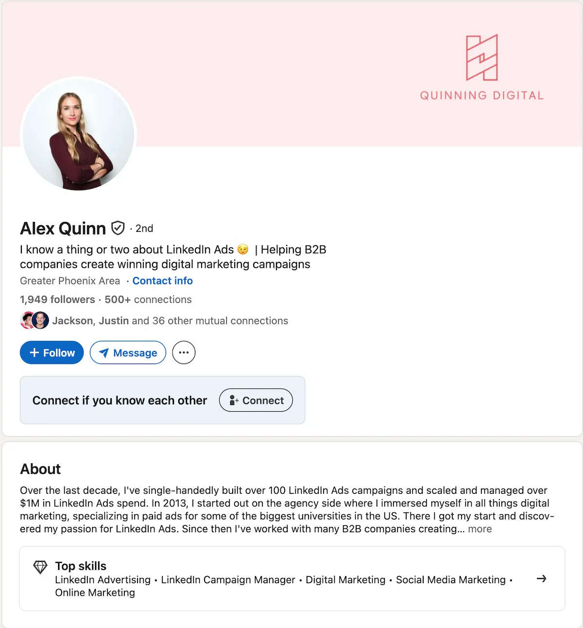 LinkedIn profile screenshot for Alex Quinn