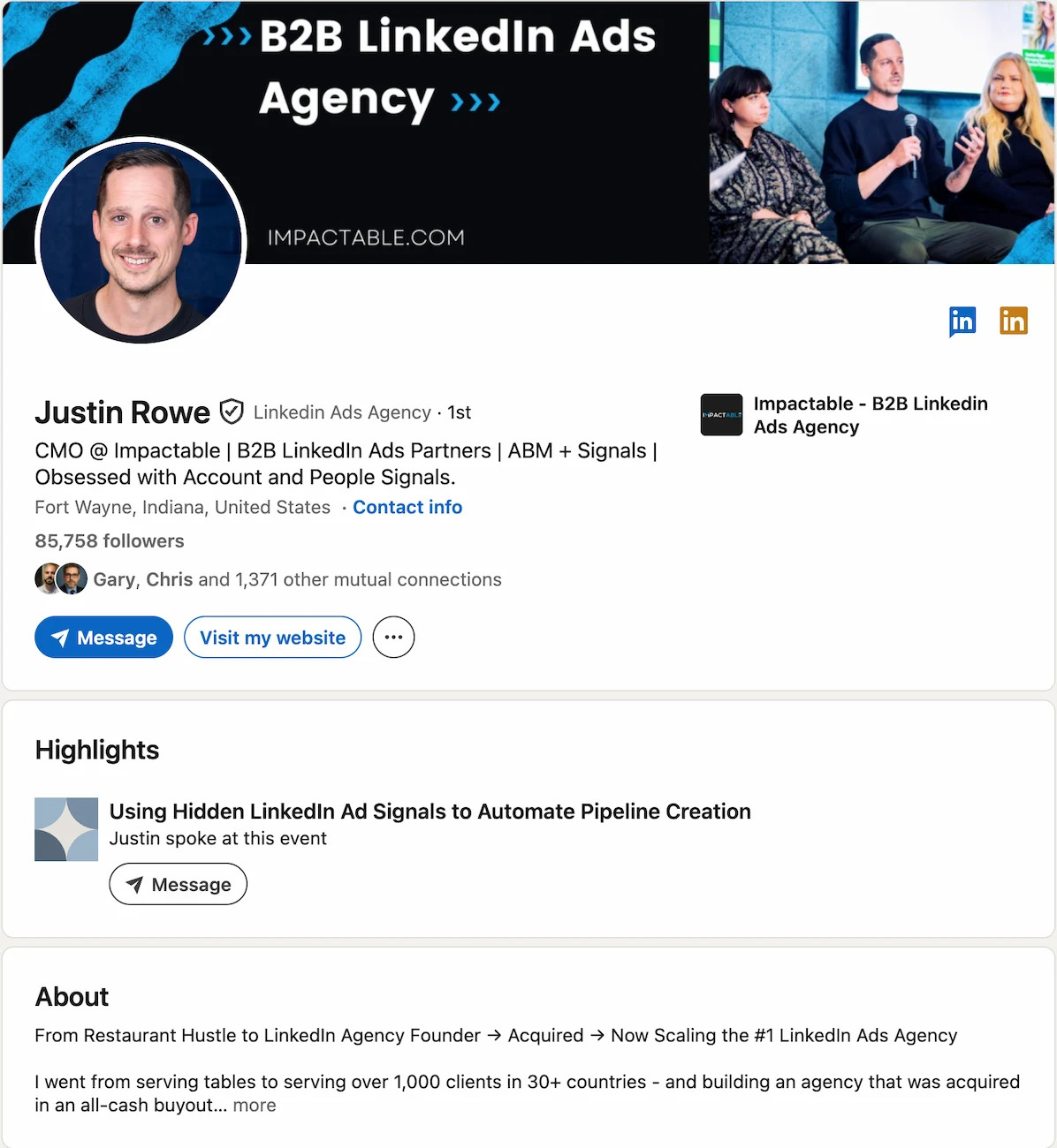 LinkedIn profile screenshot for Justin Rowe