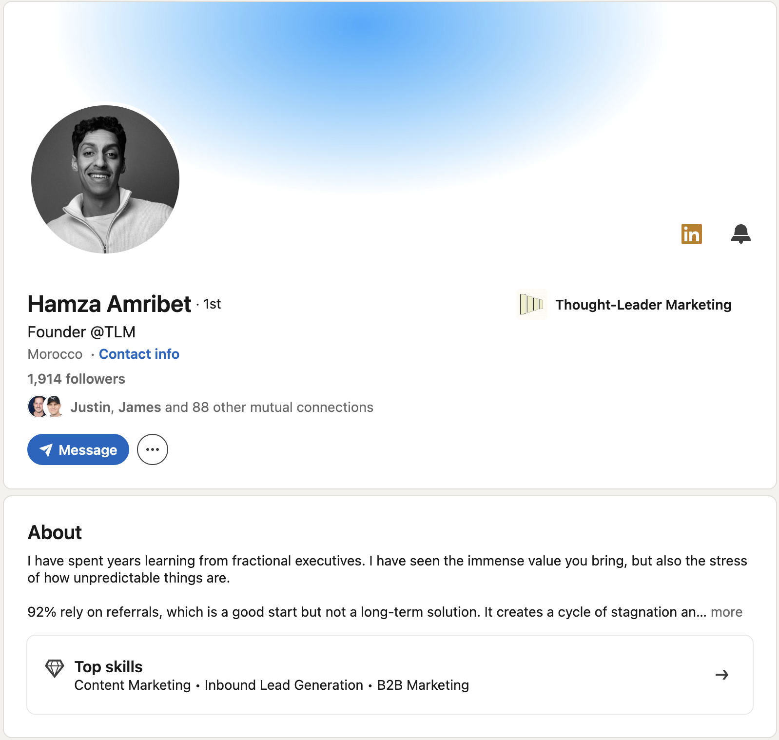 LinkedIn profile screenshot for Hamza Amribet