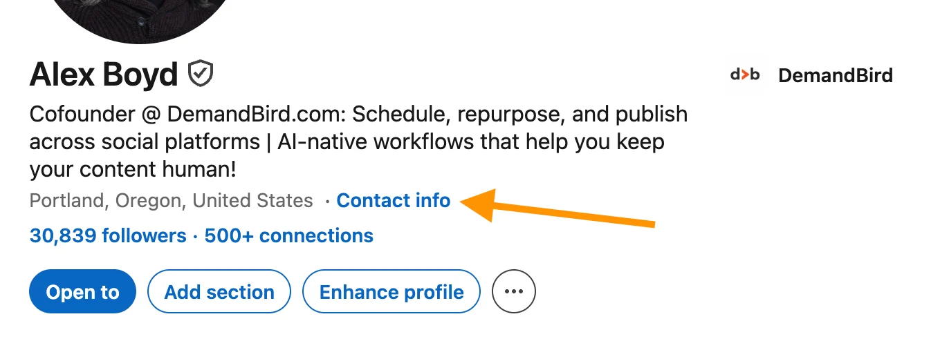 LinkedIn profile header showing the Contact info link