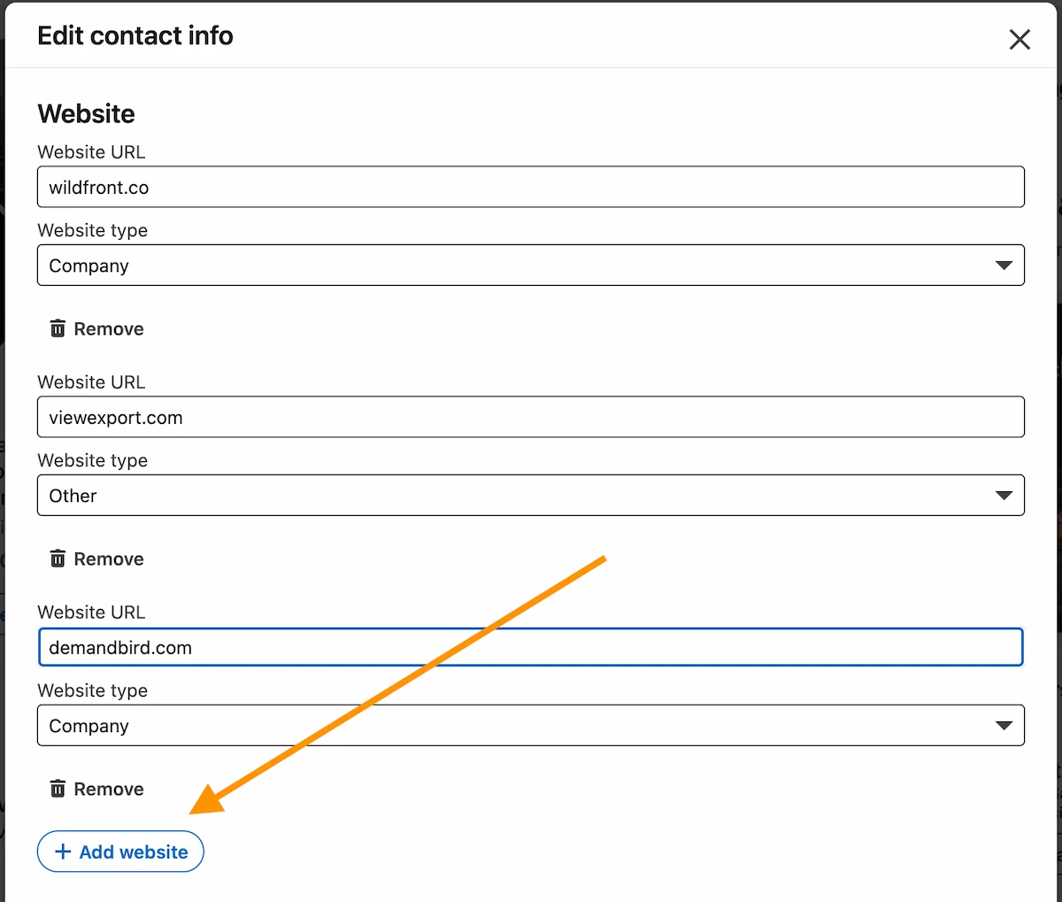 LinkedIn edit contact info panel showing where to add a website link