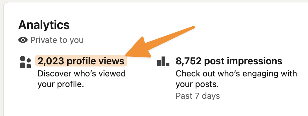 LinkedIn profile analytics card showing profile view count below the headline