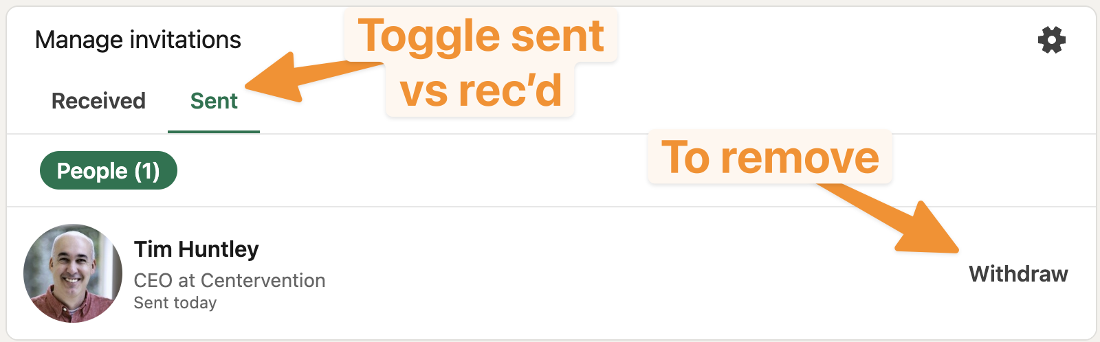 LinkedIn Manage Invitations screen showing Received and Sent tabs with a Withdraw option